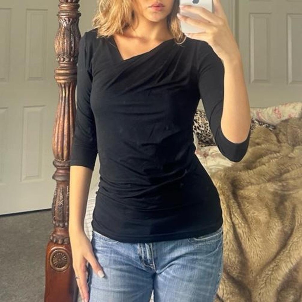 ann taylor black draped asymmetrical neckline top